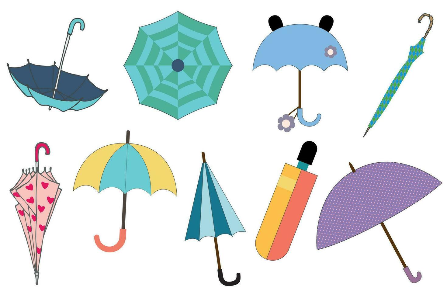 Umbrellas set. Open, closed and folded umbrellas set. Rain protecting accessories with handles of different design, type vector