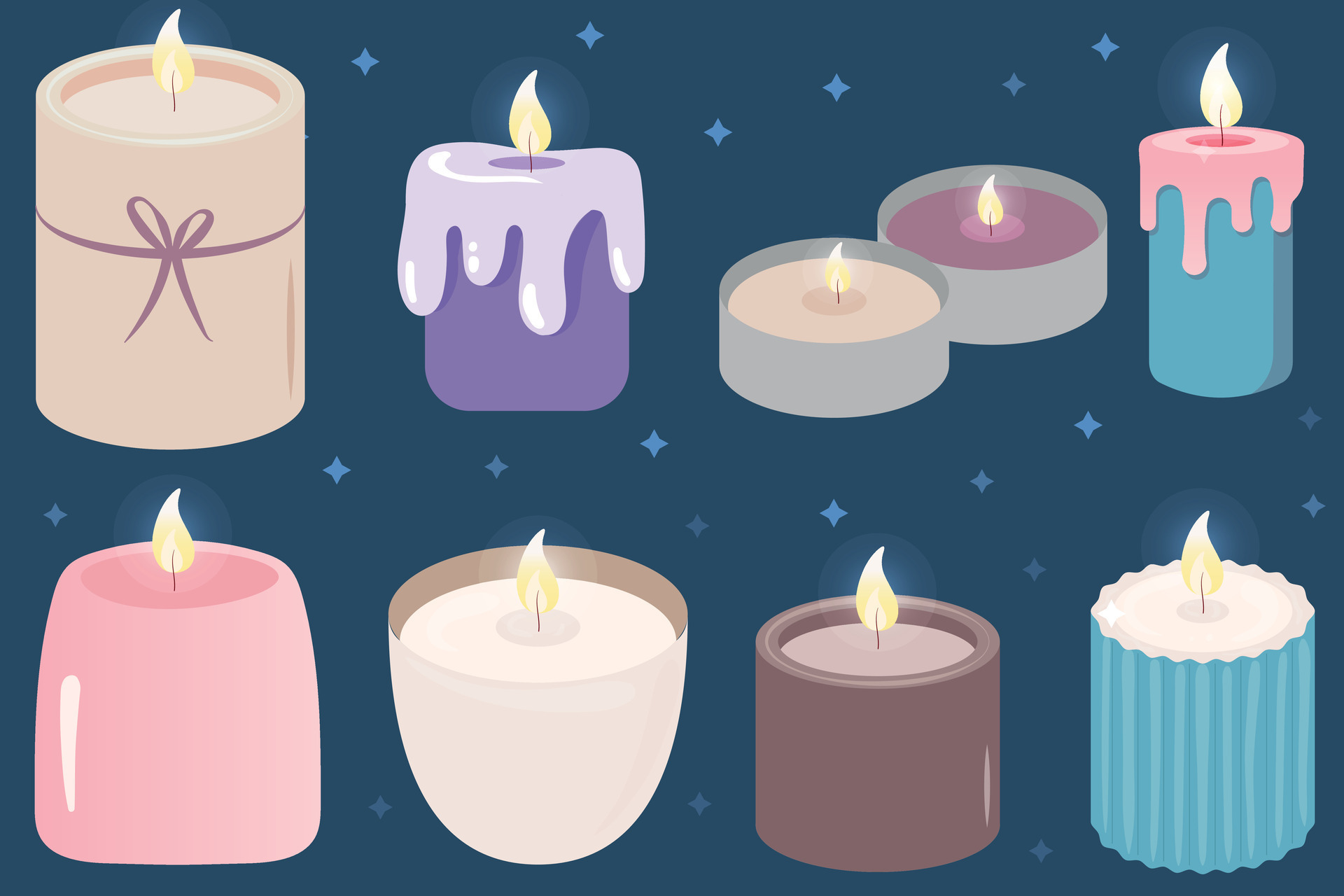 Candles set. Different shapes and sizes. Pillar, jar candle ...