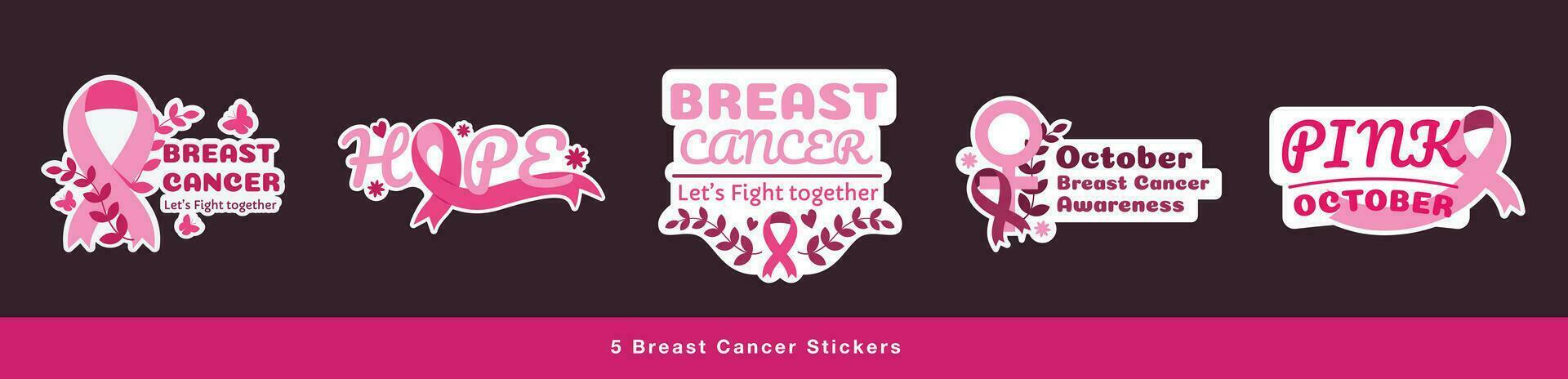 Pack of Pink October Stickers. Flat and Feminine Style Breast Cancer Awereness Month vector