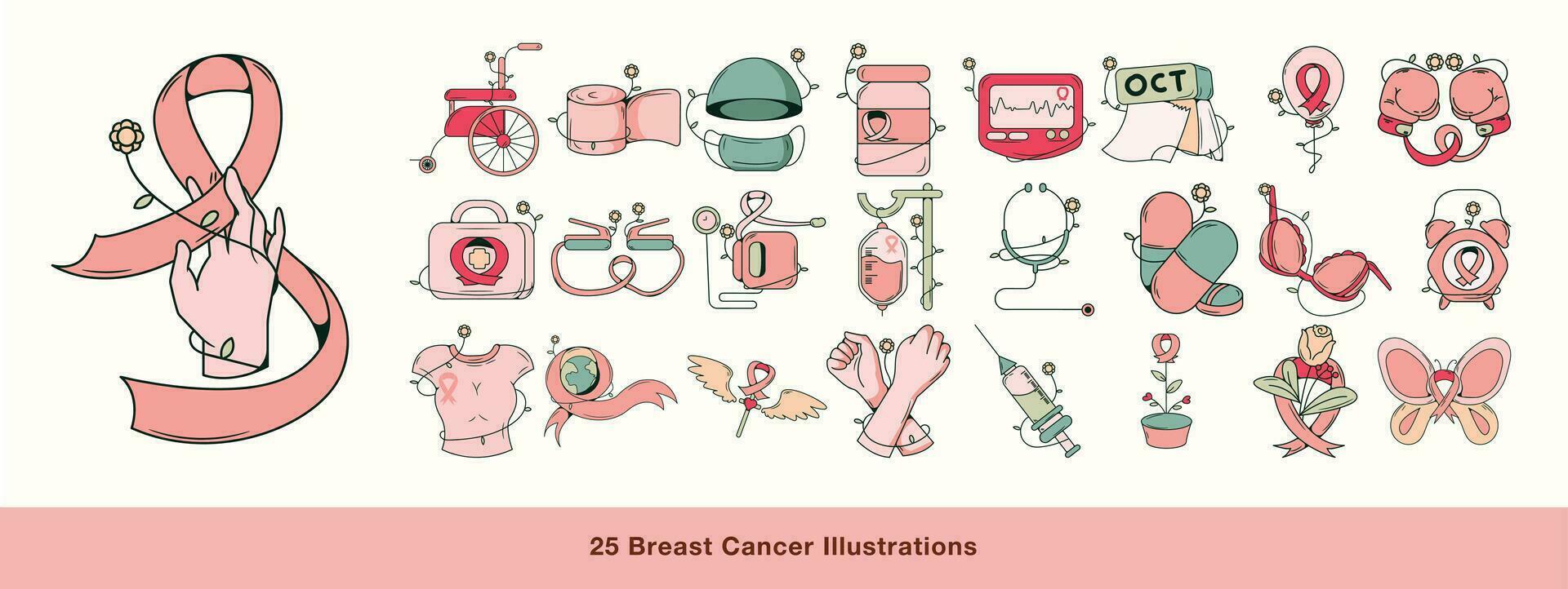 Set of Flat Pink October Illustrations. Flat and Feminine Style Breast Cancer Awereness Month vector