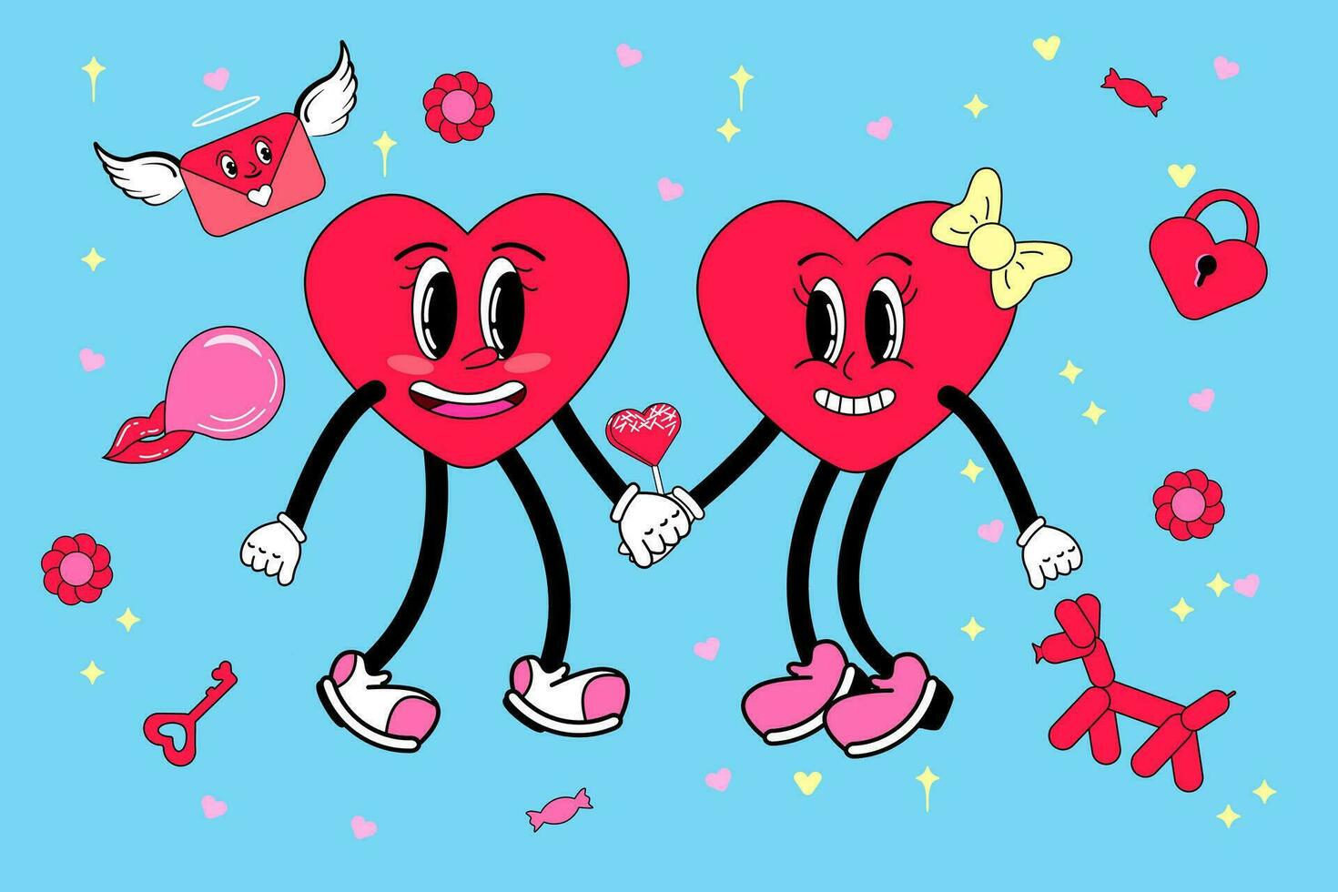 Love Hearts Couple Cartoon Characters. Lovely mascot with red icons in Groovy style. Vector Contour Hand Drawn Illustration Isolated On Blue Background. Design trendy for Valentine Day and spring time