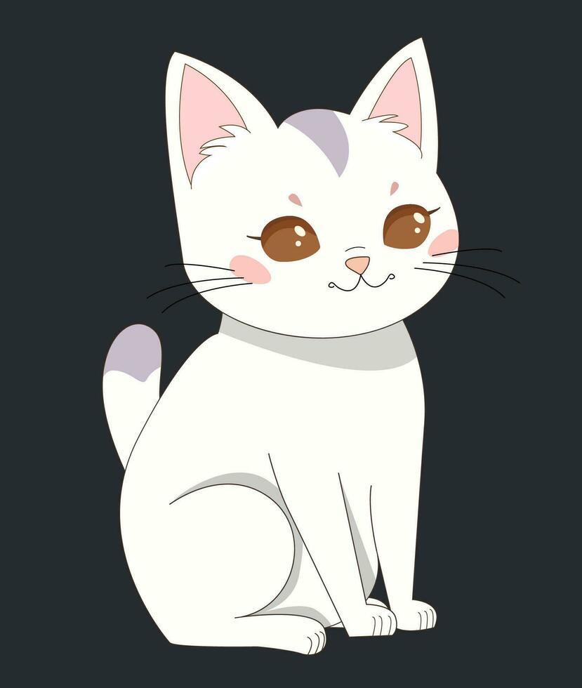cute White cat with grey spots and big brown eyes sits. Isolated icon, cartoon cat on black background vector