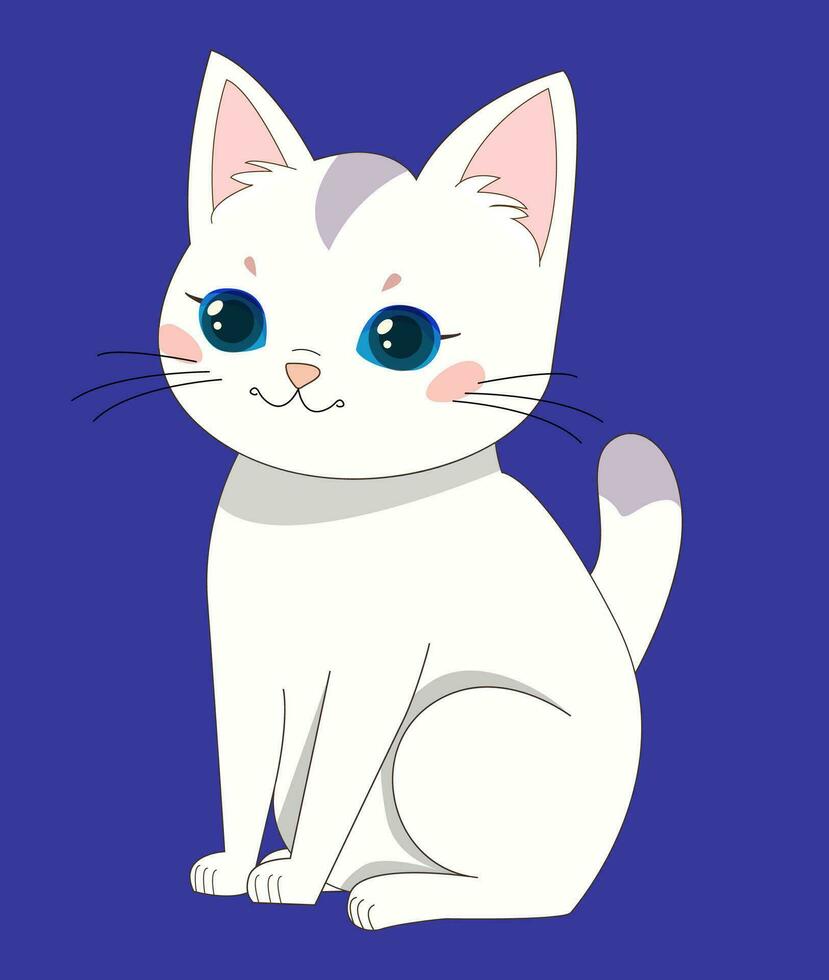 linda blanco gato con gris lugares y grande azul ojos se sienta aislado icono, dibujos animados gato en azul antecedentes vector