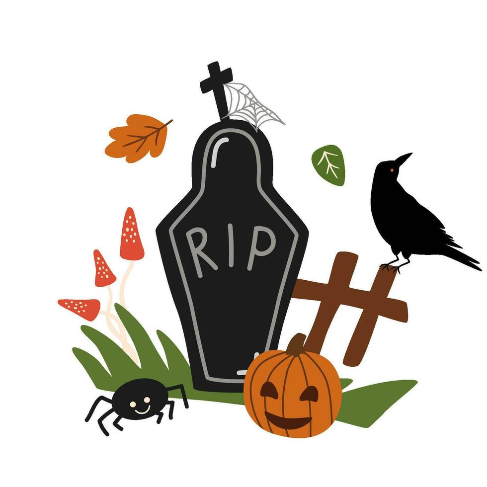 Halloween gravestone RIP isolated element in cartoon style with scary pumpkin, mushrooms, spider, black Raven on fence, grass Creepy Halloween tomb stone, memorial for death. Cute vector illustration.