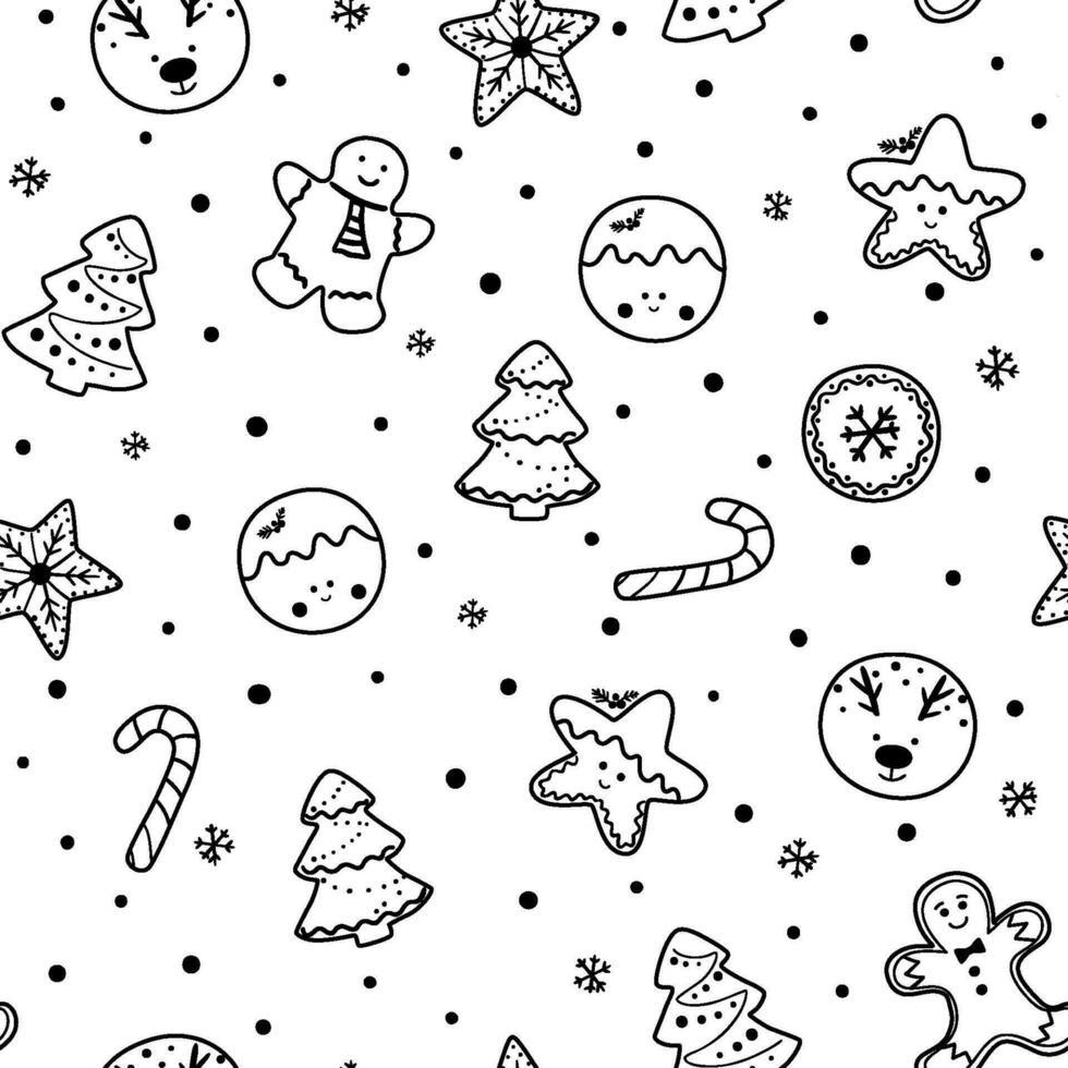 negro y blanco Navidad galletas sin costura modelo. vector pan de jengibre imprimir, invierno fiesta Pastelería. superficie diseño, paquete, envolver papel, sencillo repetir antecedentes para nuevo año horneando, fondo de pantalla.