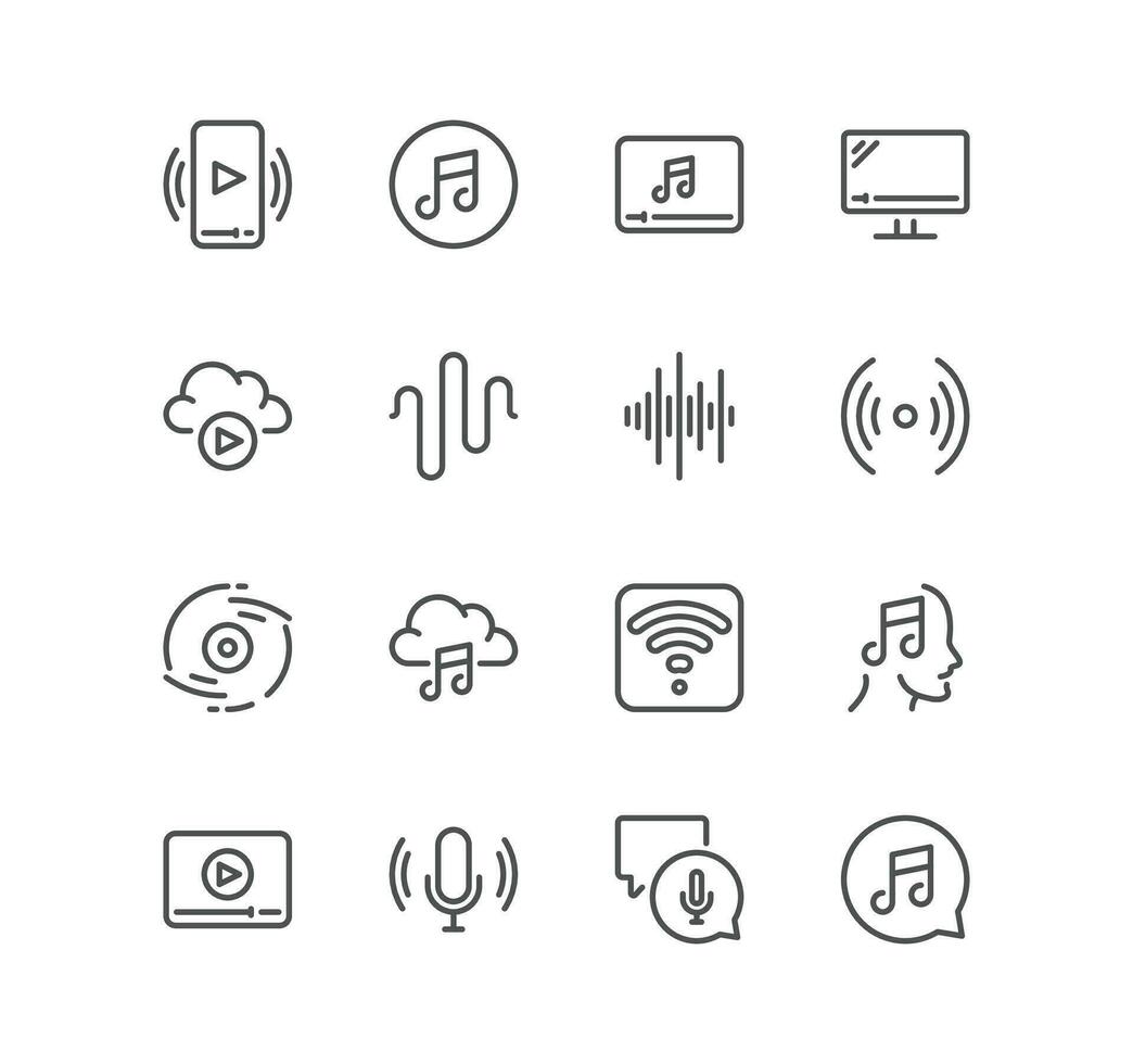 Set of audio and video related icons, cloud music, waveform, file audio, voice, record player, social stream and linear variety vectors. vector