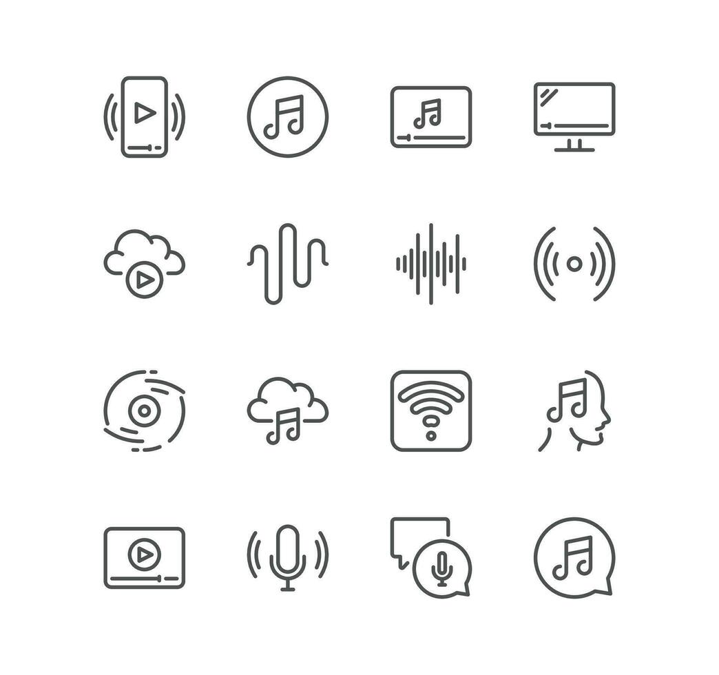 Set of audio and video related icons, cloud music, waveform, file audio, voice, record player, social stream and linear variety vectors. vector