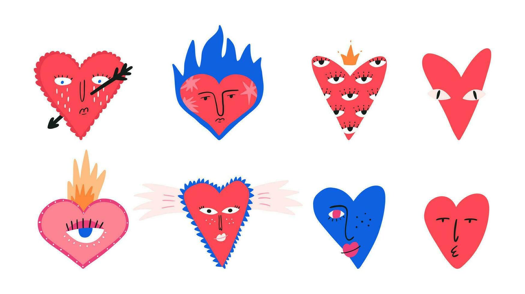 Set of funky hearts, cartoon flat vector illustration isolated on white background. Quirky hearts with different face expressions, wings and fire flame. Valentines day celebration and love.