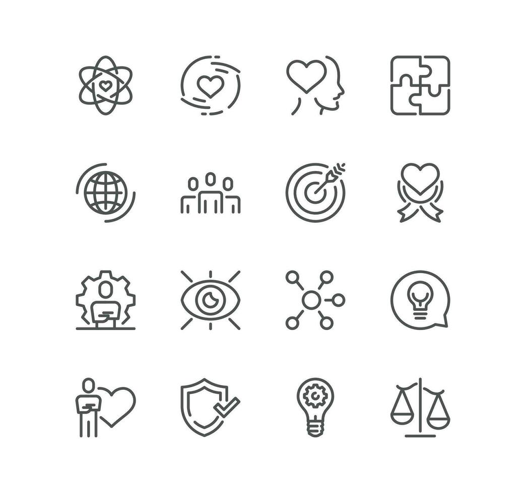 Set of core values as trust related icons, integrity, environment, empowerment, strategy, morality, and linear variety vectors. vector