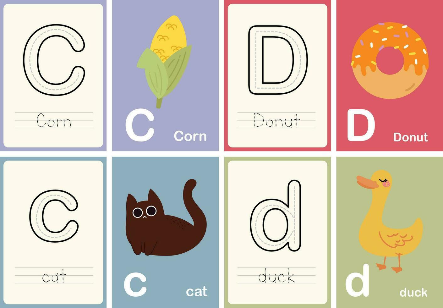 flat design vector cute colorful abc alphabet flashcards printable for kids first words activity
