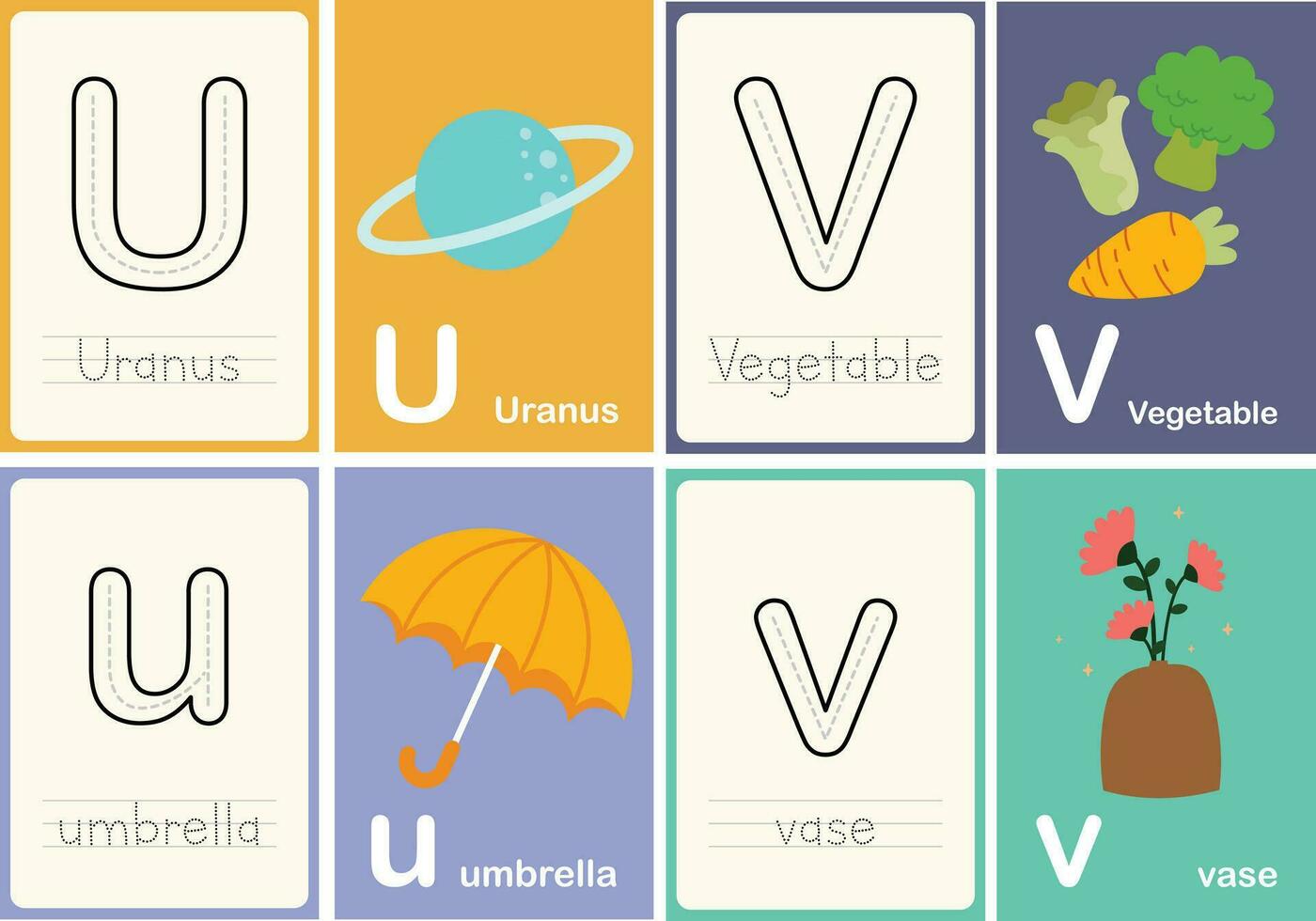 flat design vector cute colorful abc alphabet flashcards printable for kids first words activity