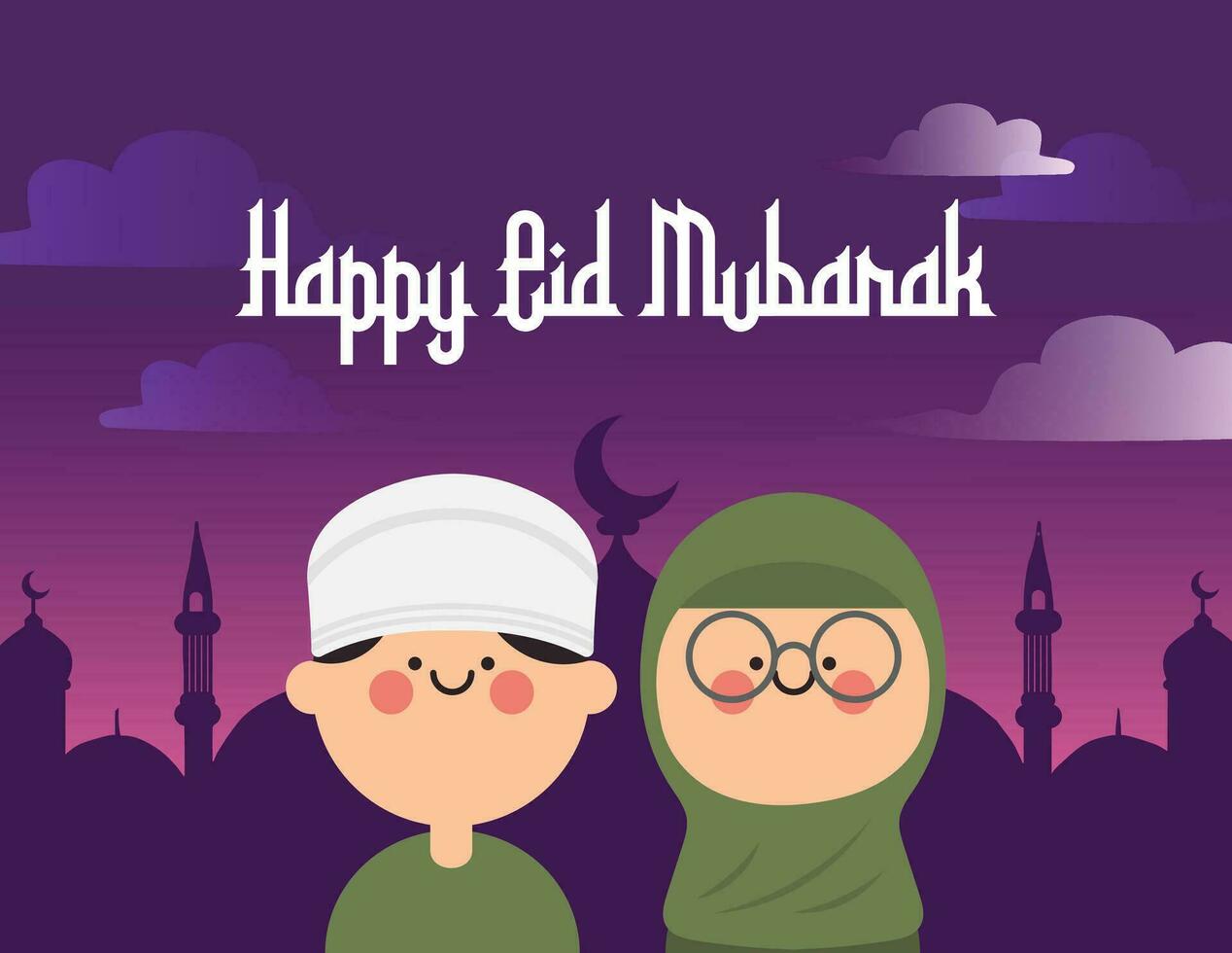 flat design vector muslim kids eid mubarak ramadan celebration illustration