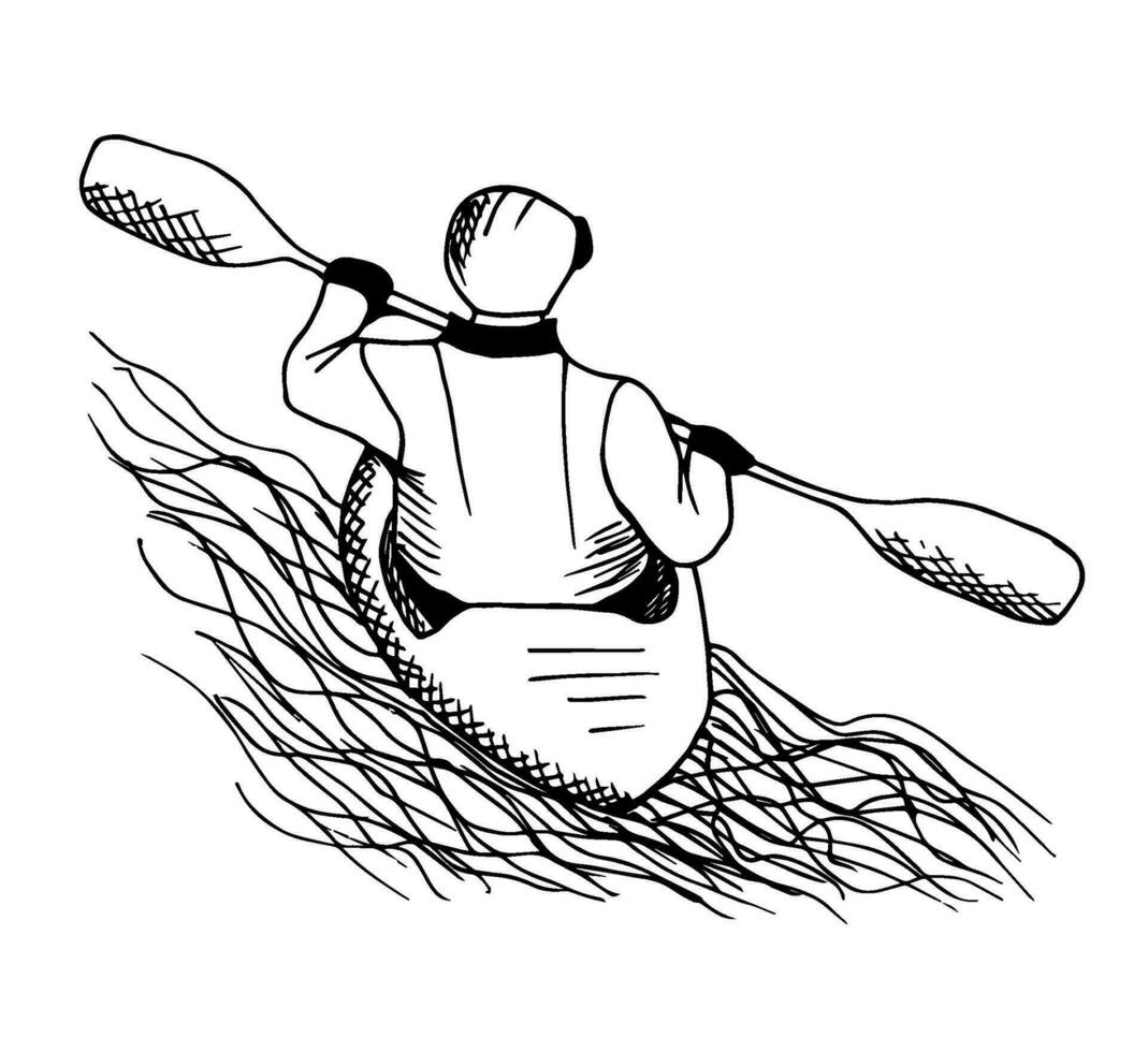 Vector hand drawn drawing in black outline. A man in a helmet floats in a kayak, canoe, boat on the river. Athlete, kayaking, sports tourism.