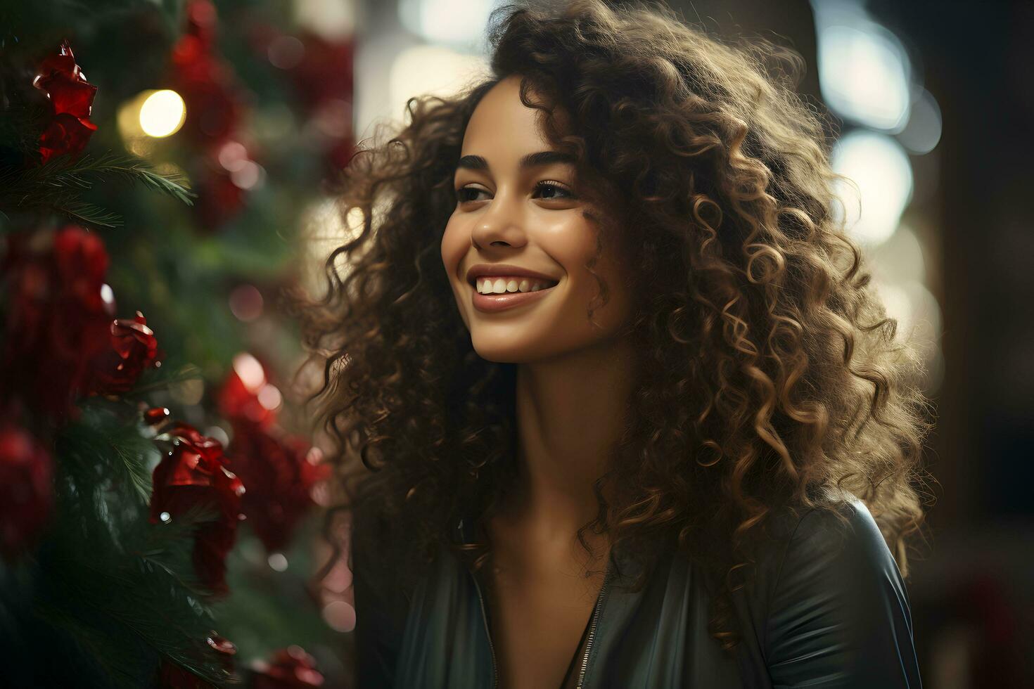 Cheerful young woman enjoys a christmas tree. Christmas atmosphere at cozy home interior. AI Generative photo