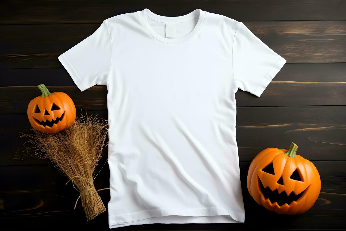 White womens t-shirt halloween mockup with pumpkins and leaves on dark background. Design t shirt template, print presentation mock up. Top view flat lay. Generated AI. photo