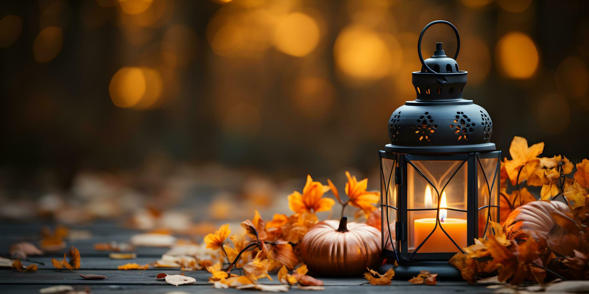 Festive autumn lantern decoration with pumpkins, flowers and fall leaves. Thanksgiving day or Halloween banner concept. AI Generative photo