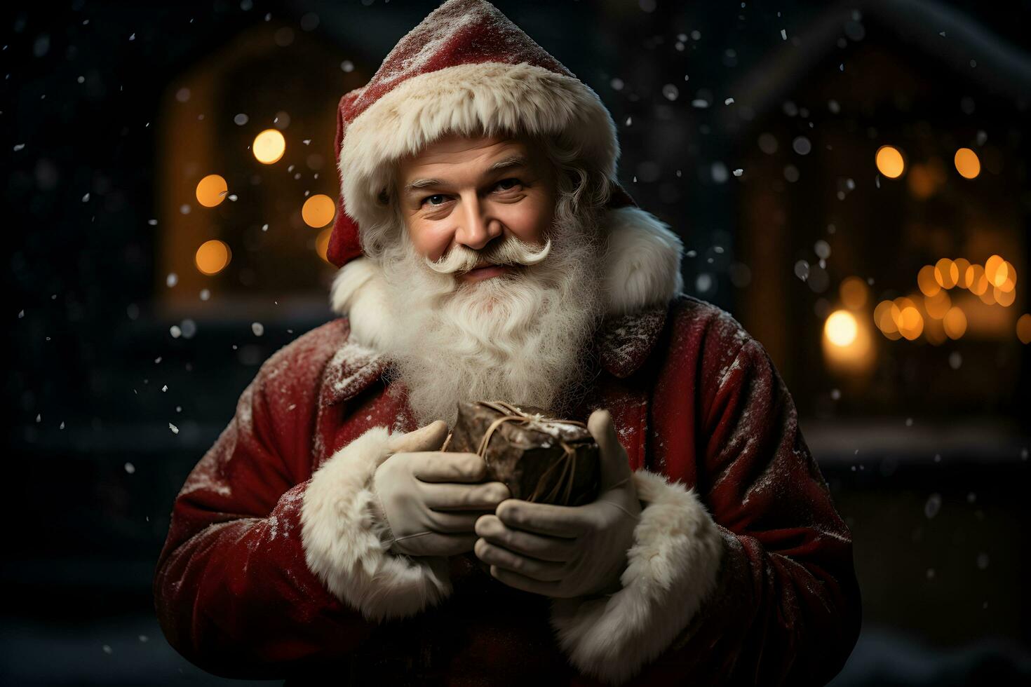 Happy Santa Claus outdoors in snowfall with christmas gift box in the hands on dark background. photo