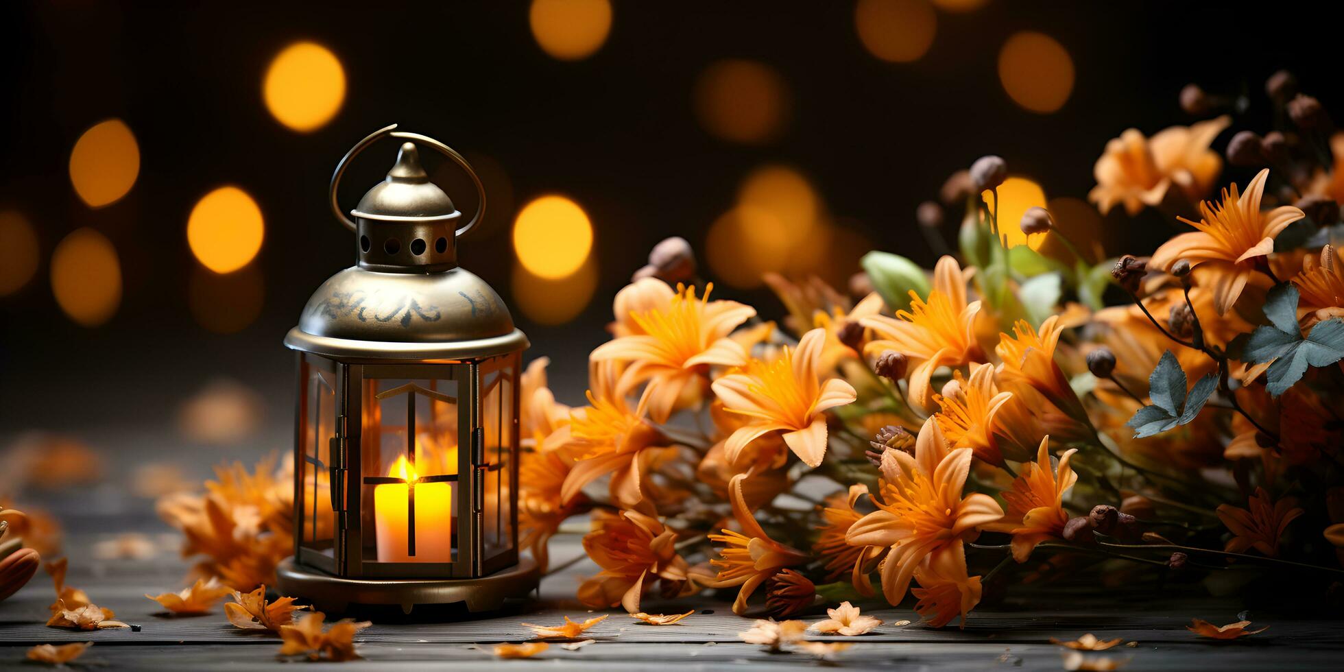 Festive autumn lantern decoration with flowers and fall leaves. Thanksgiving day or Halloween banner concept. photo