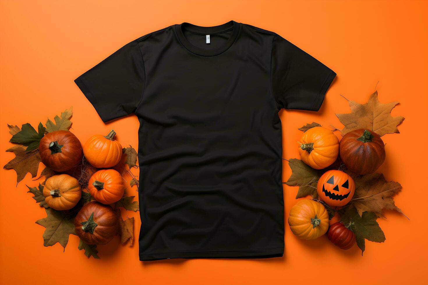 Black womens t-shirt halloween mockup with pumpkins and leaves on orange background. Design t shirt template, print presentation mock up. Top view flat lay. Generated AI. photo