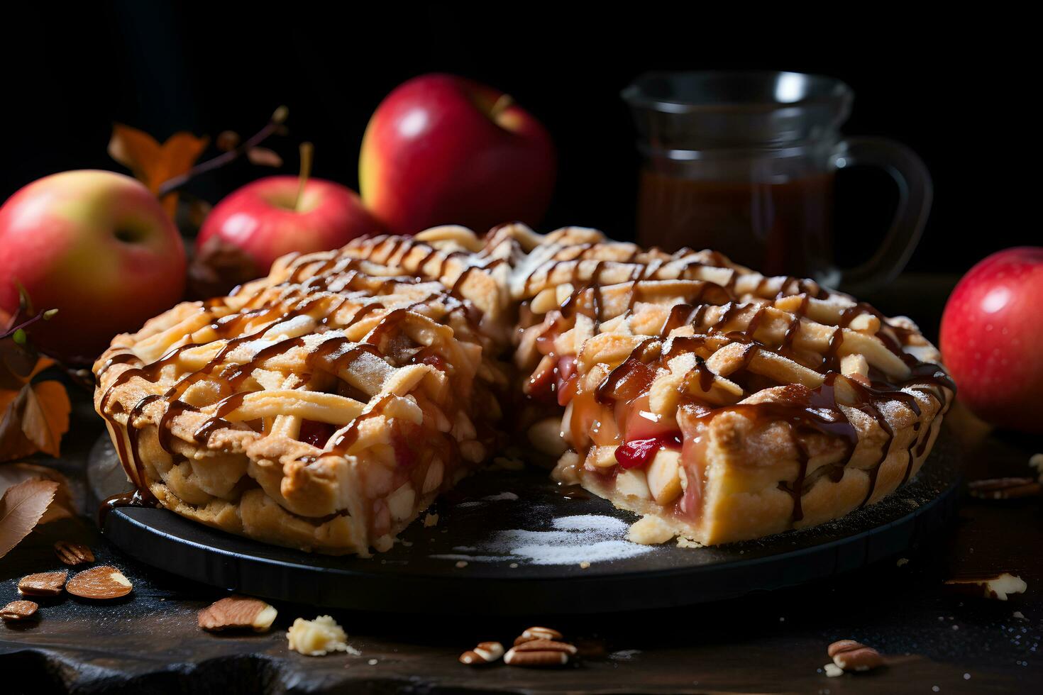 Traditional american apple pie with fresh apples fruits and cinnamon. Thanksgiving or halloween, autumn or fall dessert pastry. photo