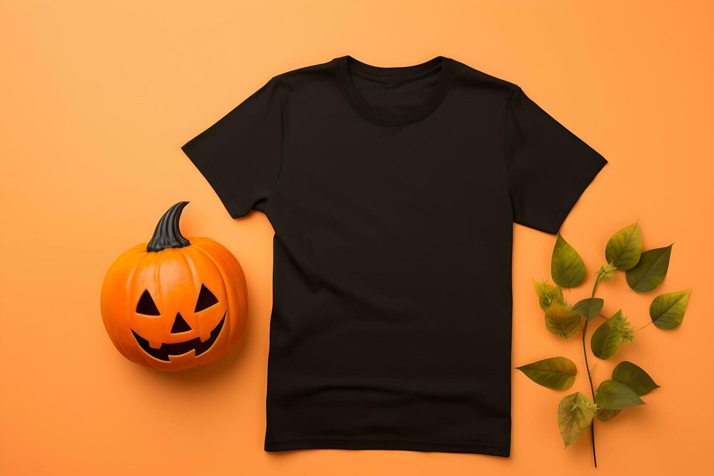 Black womens t-shirt halloween mockup with pumpkin and leaves on orange background. Design t shirt template, print presentation mock up. Top view flat lay. Generated AI. photo