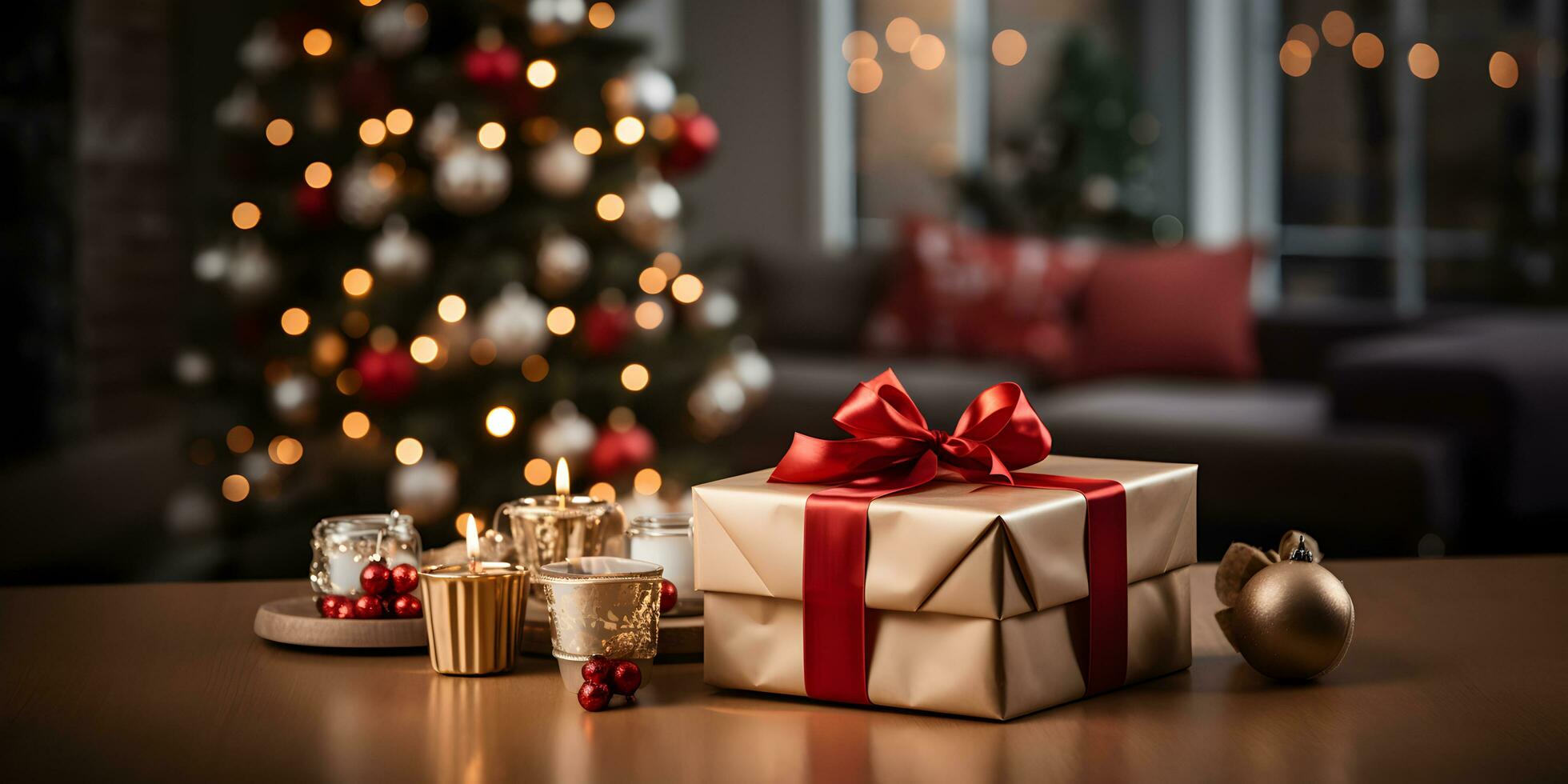Gold gift box with christmas ornaments decoration on blurred glowing christmas tree lights background. Festive banner styled composition. photo