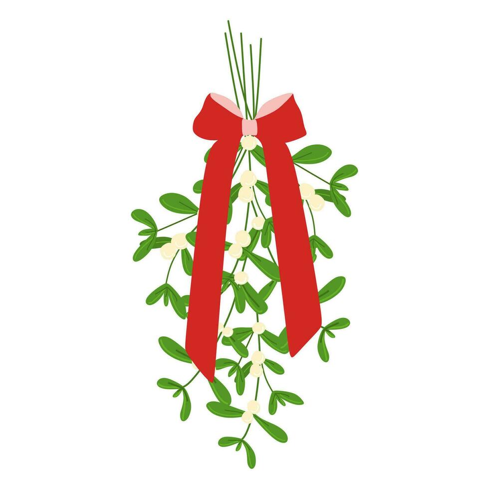 Hanging Branch of mistletoe with berries and red bow. A Flat cartoon bouquet of Christmas Holidays. Festive seasonal decoration, Floral design element with Ribbon. Greeting Postcard template. vector