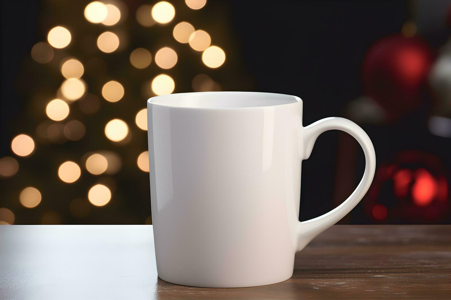 Blank white mug mockup on wooden table with christmas tree lights bokeh background. Holiday template composition. Copy space. photo