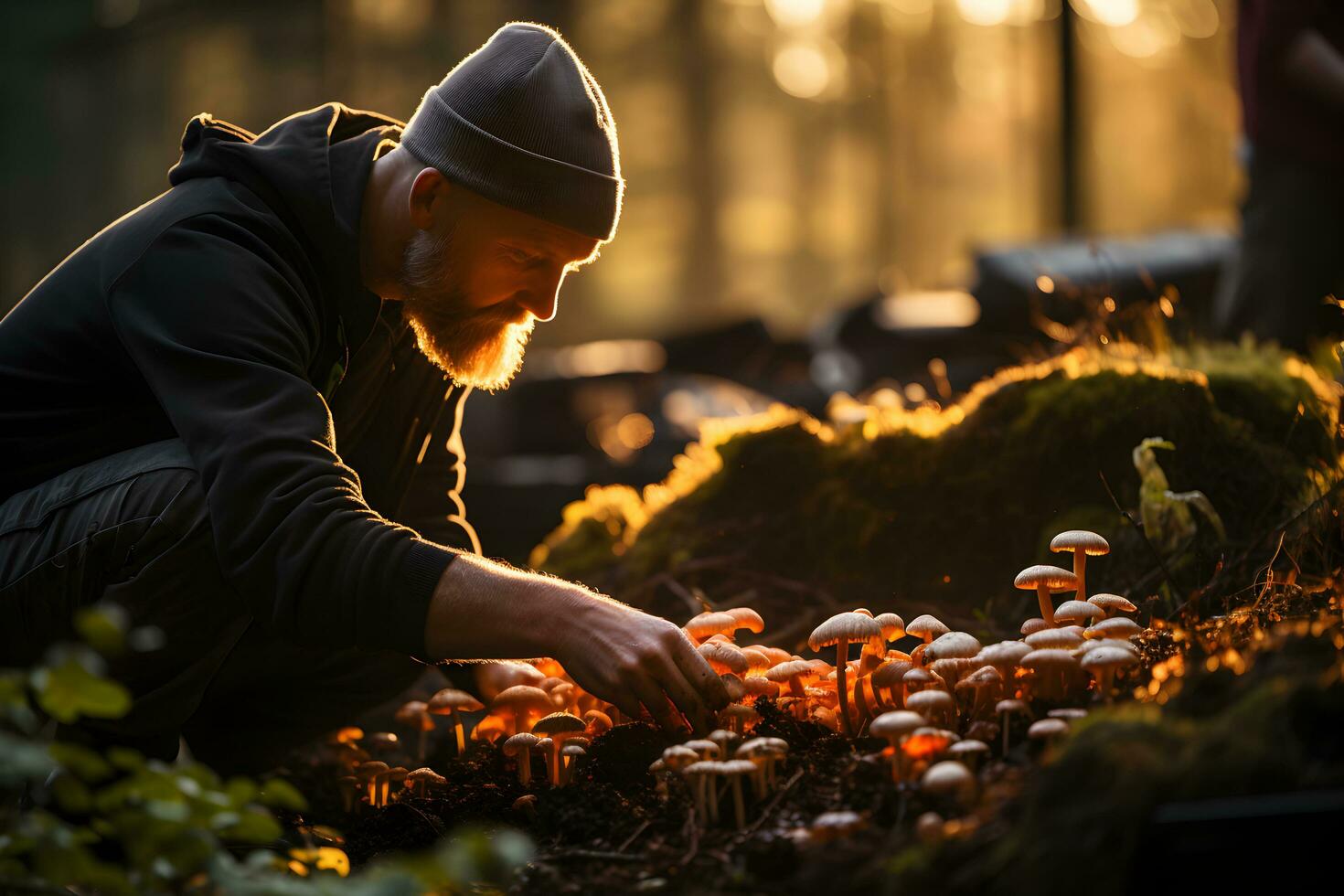 medio Envejecido hombre cosecha hongos en el otoño bosque. cosecha temporada y ocio gente, otoño concepto. foto