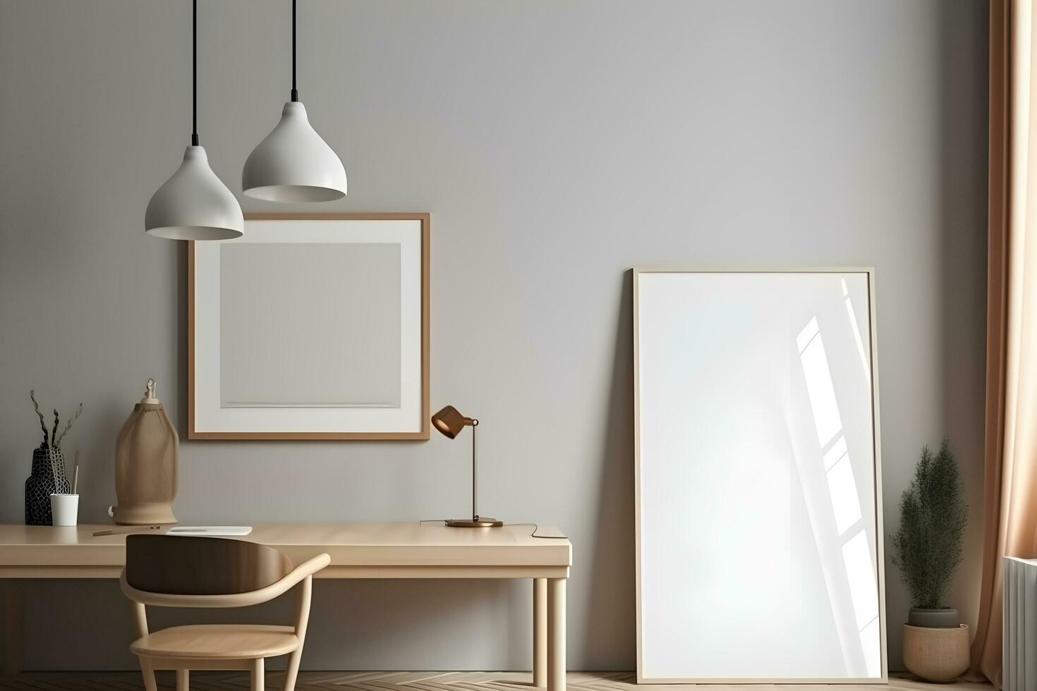 Rectangular vertical frame poster mockup, scandinavian style interior with home decoration on empty neutral white wall background. 3D render illustration. A4, A3 format. AI generated. photo