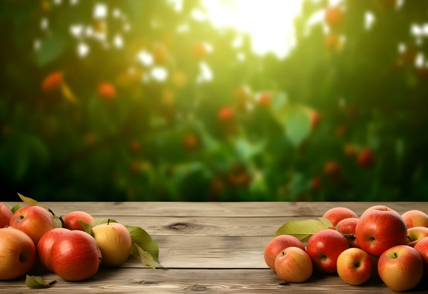 Wooden table with red apples fruits and free space on nature blurred background. Generated AI. photo