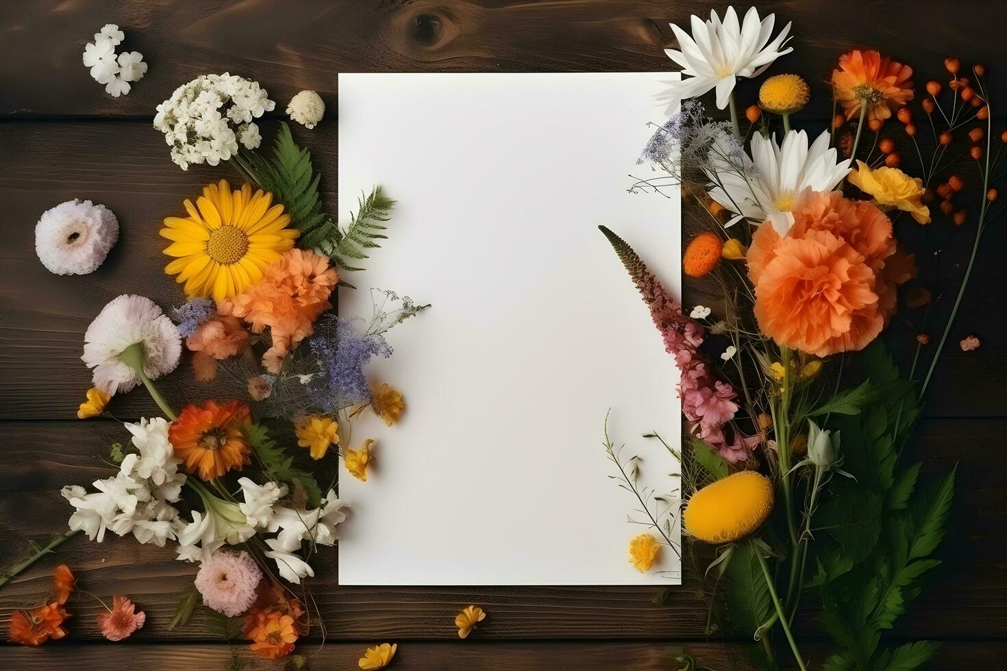 Blank greeting card mockup on wooden background with garden flowers. Summer flat lay composition. Top view with copy space. AI generated. photo