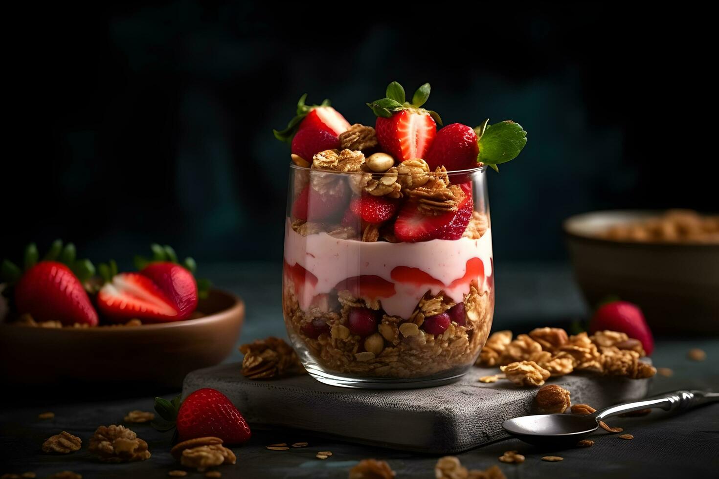 fresa yogur Granola parfait con rebanado nueces y Fresco fresas bayas en un vaso tarro en oscuro antecedentes. generativo ai. foto