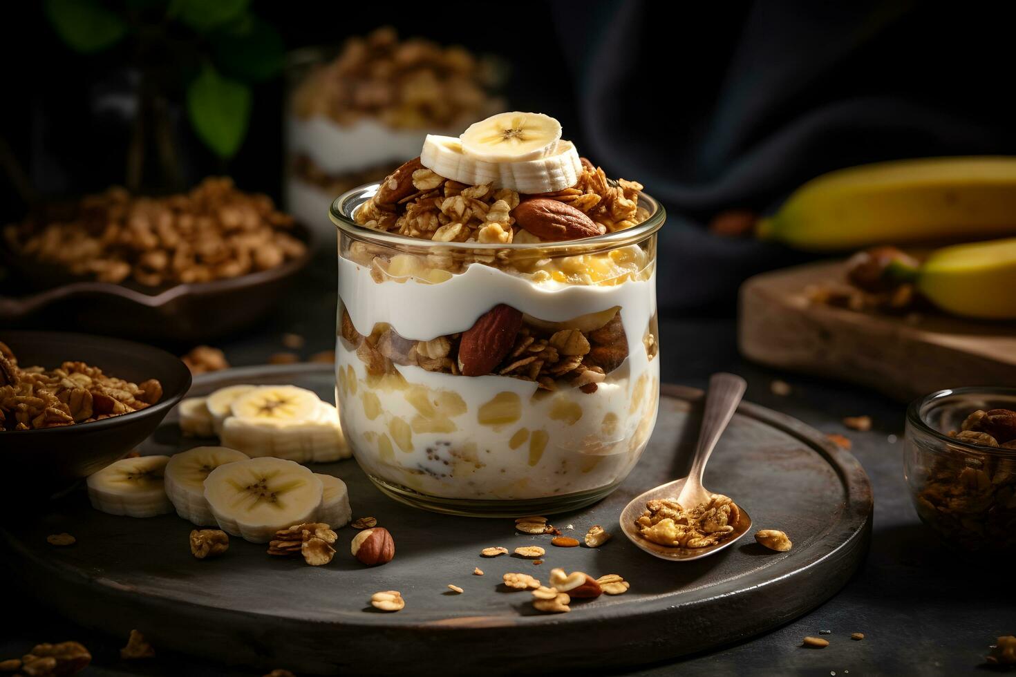 yogur Granola parfait con rebanado nueces y Fresco plátano frutas en un vaso tarro en oscuro antecedentes. generativo ai. foto