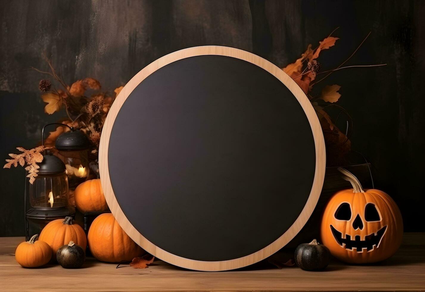 Halloween round sign mockup with pumpkins and fallen leaves on dark background. Wooden board with autumn holiday decoration with copy space. Generated AI. photo