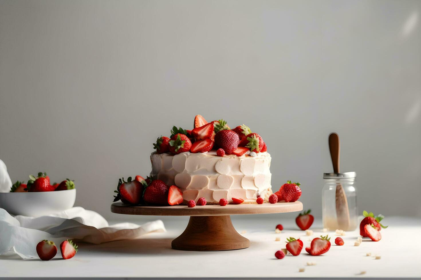 Delicious strawberry biscuit cake torte dessert with fresh berries and butter cream on concrete background. Ai generated. photo