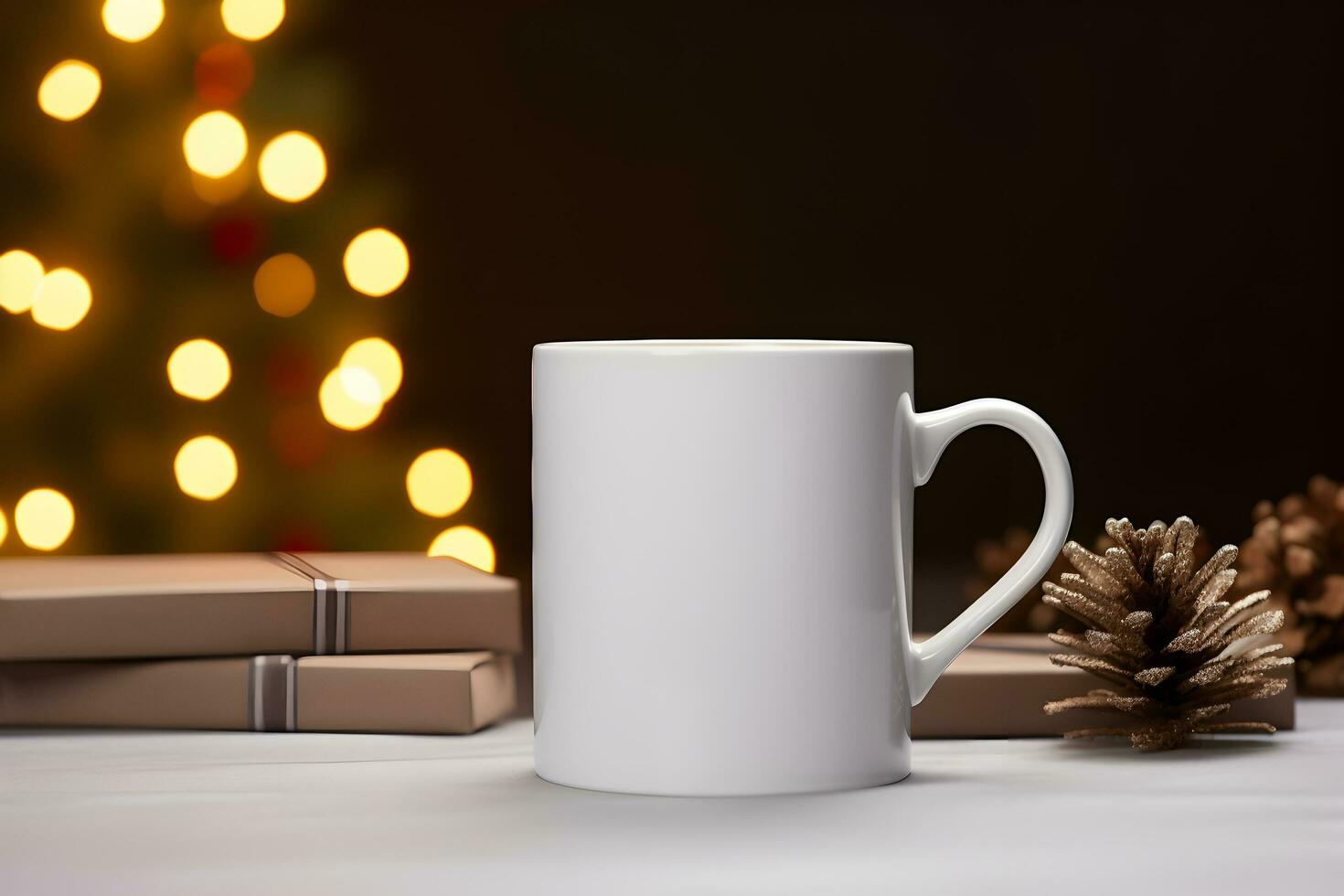 Blank white mug mockup on wooden table with christmas tree lights bokeh background. Holiday template composition with decoration. Copy space. photo