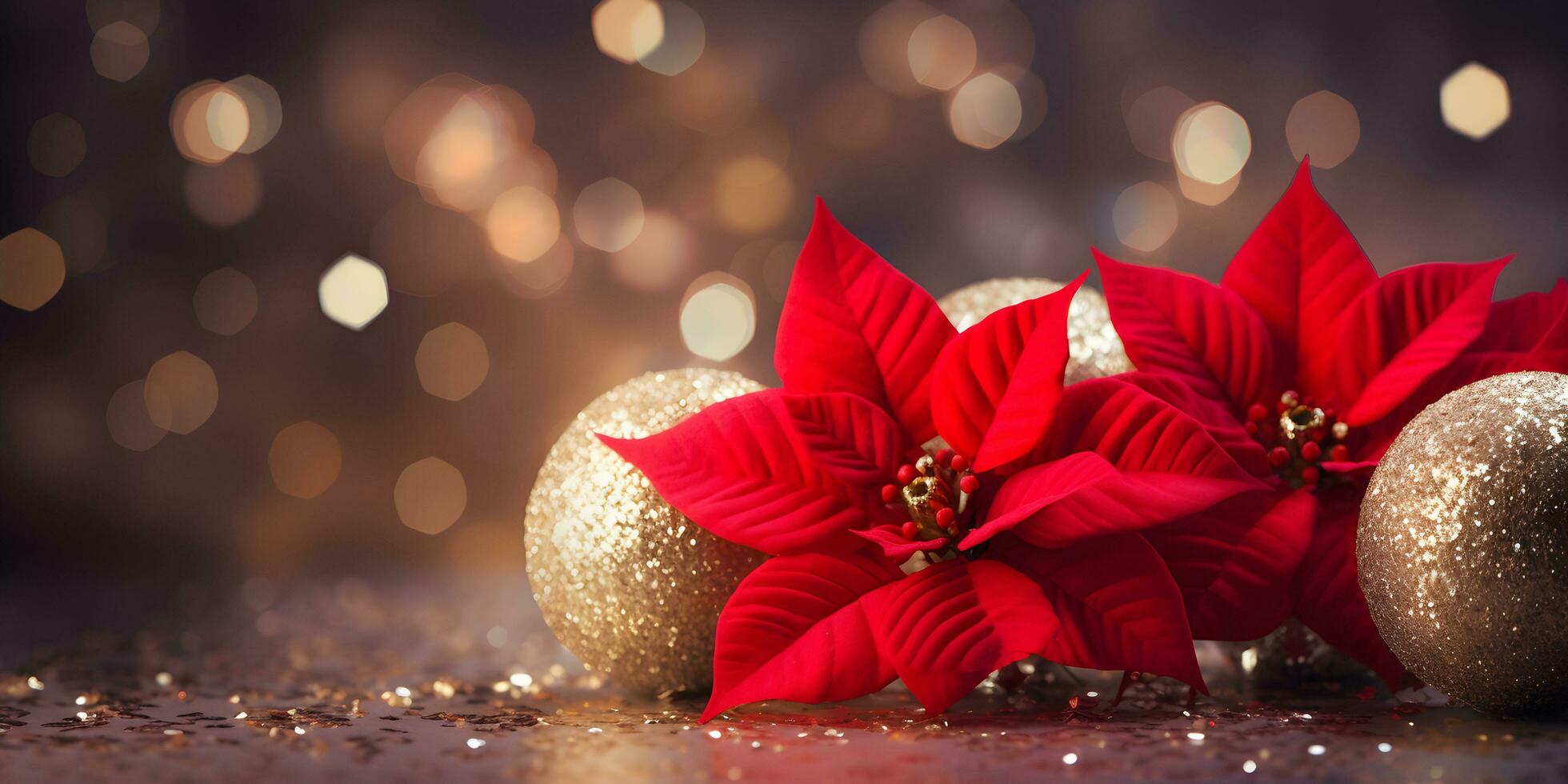 Christmas poinsettia flowers decoration with christmas ornaments balls over sparkling background. Festive banner composition with copy space. photo