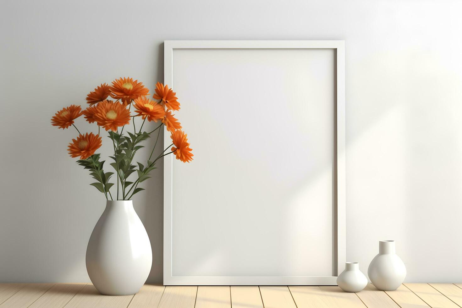 Frame poster mockup, scandinavian style interior with summer daisy flowers in a vase and home decoration on empty neutral white wall background. Generated AI. photo