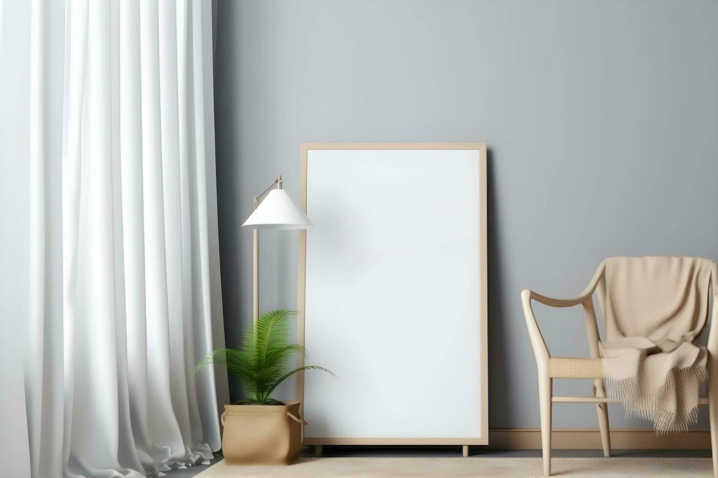 Rectangular vertical frame poster mockup, scandinavian style interior with home decoration on the floor empty neutral white wall background. 3D render illustration. AI generated. photo