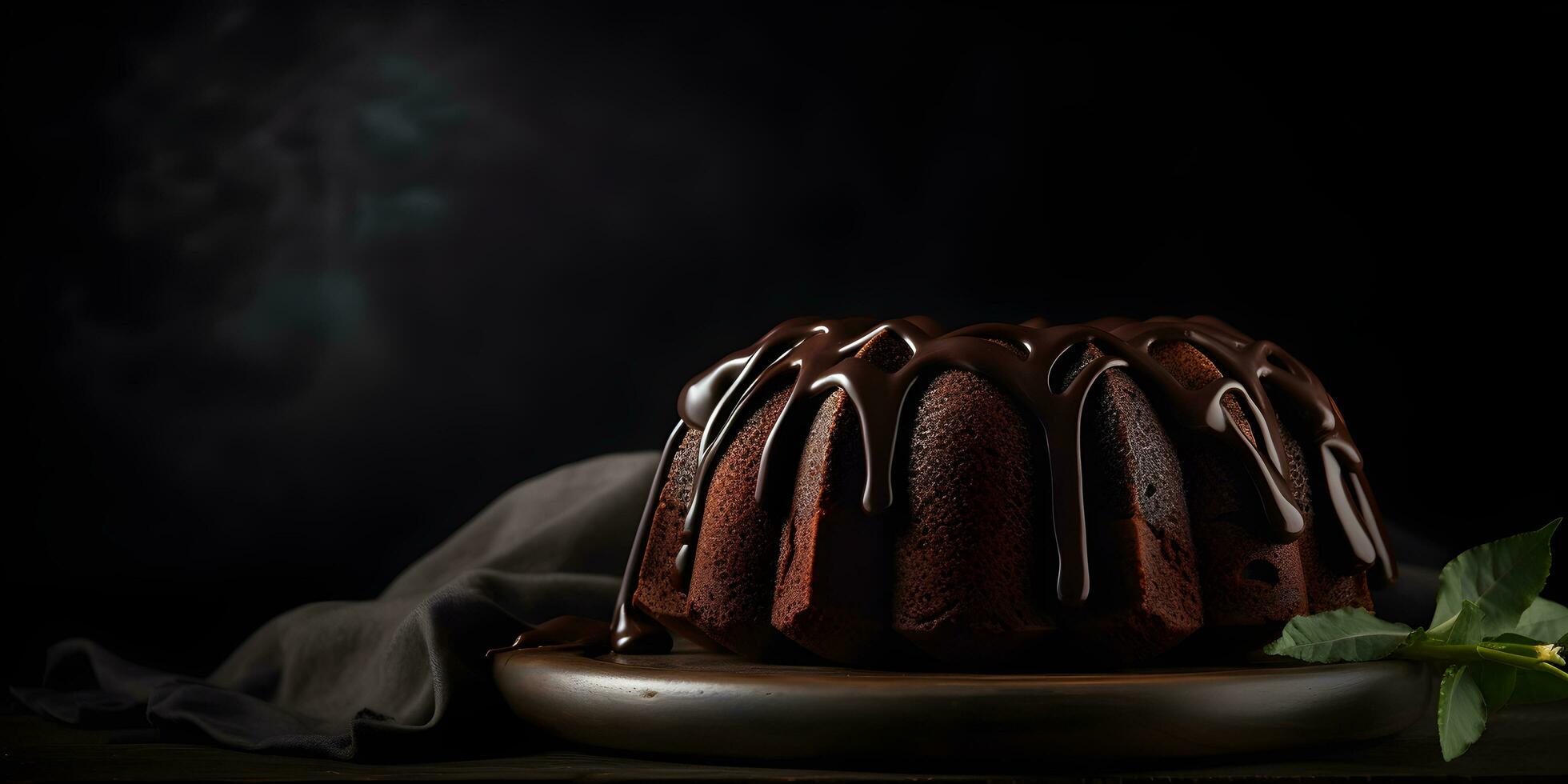 delicioso chocolate bundt pastel coronado postre con ganache vidriar en oscuro fondo, bandera con Copiar espacio. ai generado. foto