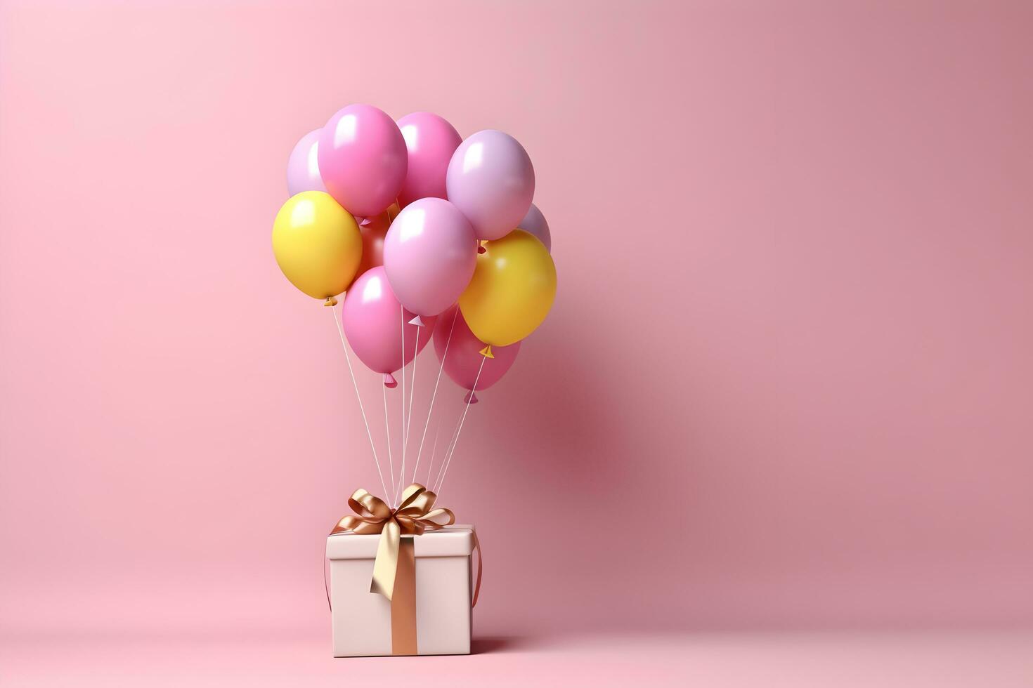 Colorful balloons bunch tied with a gift box on a pink wall background with copy space. Birthday, wedding, party or celebration concept. Generated AI. photo