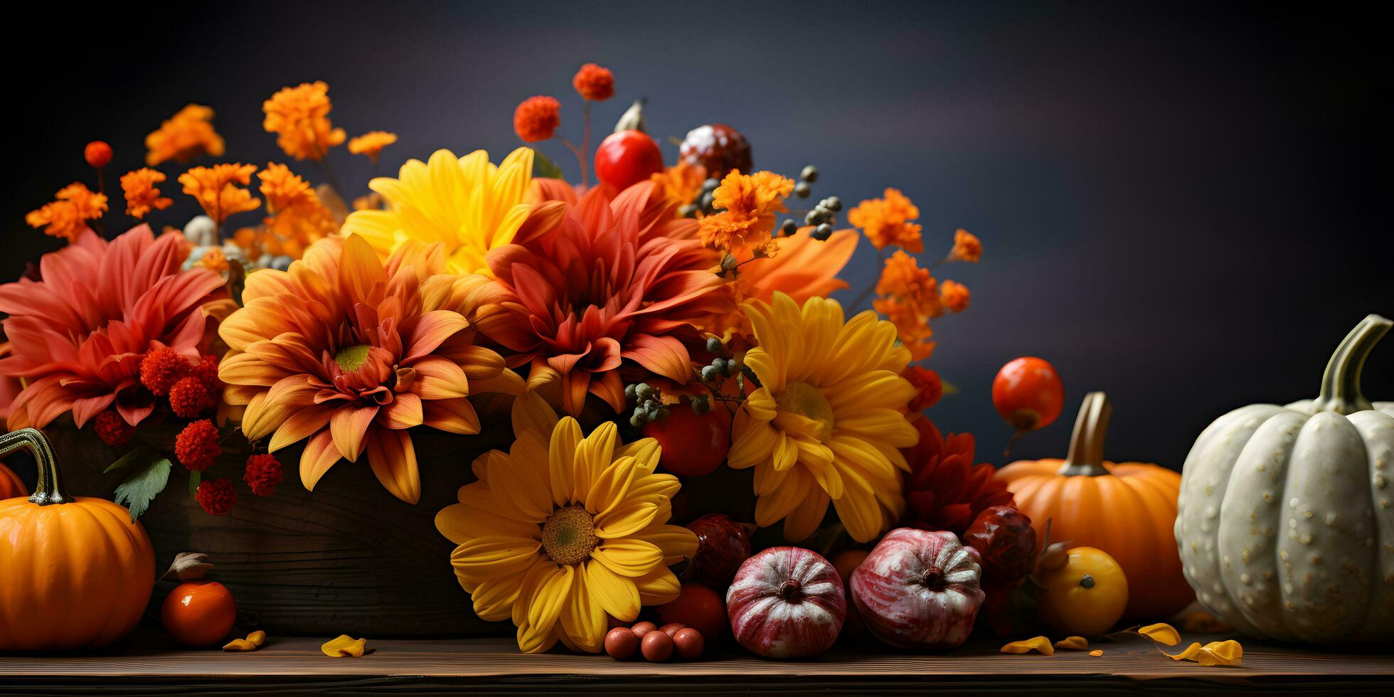 Festive autumn decoration with pumpkins, flowers and fall leaves. Thanksgiving day or Halloween banner concept. photo