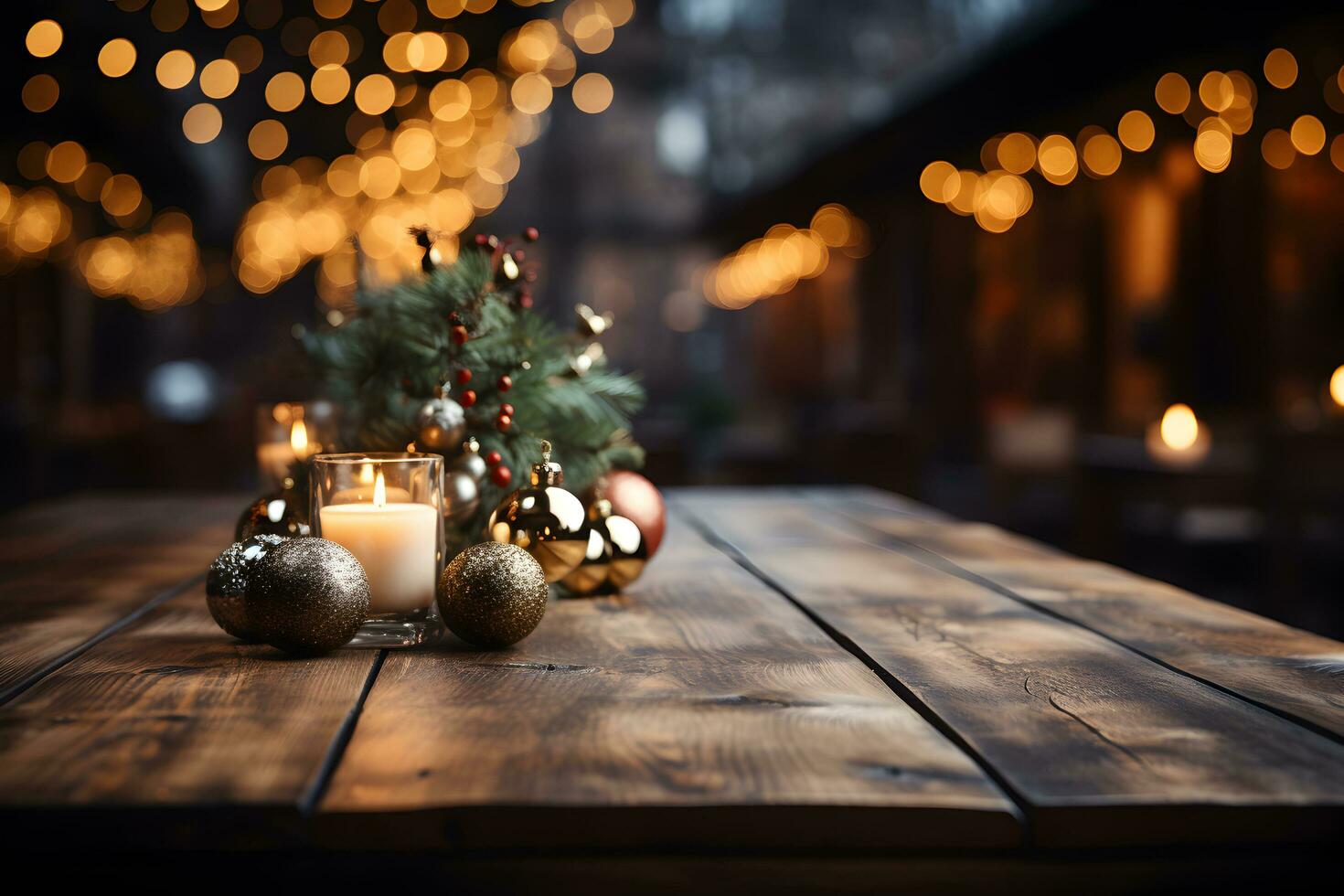 Christmas wooden table mockup with christmas-tree branches, balls, candles and lights background. Festive template banner with creative bauble decoration and copy space. photo