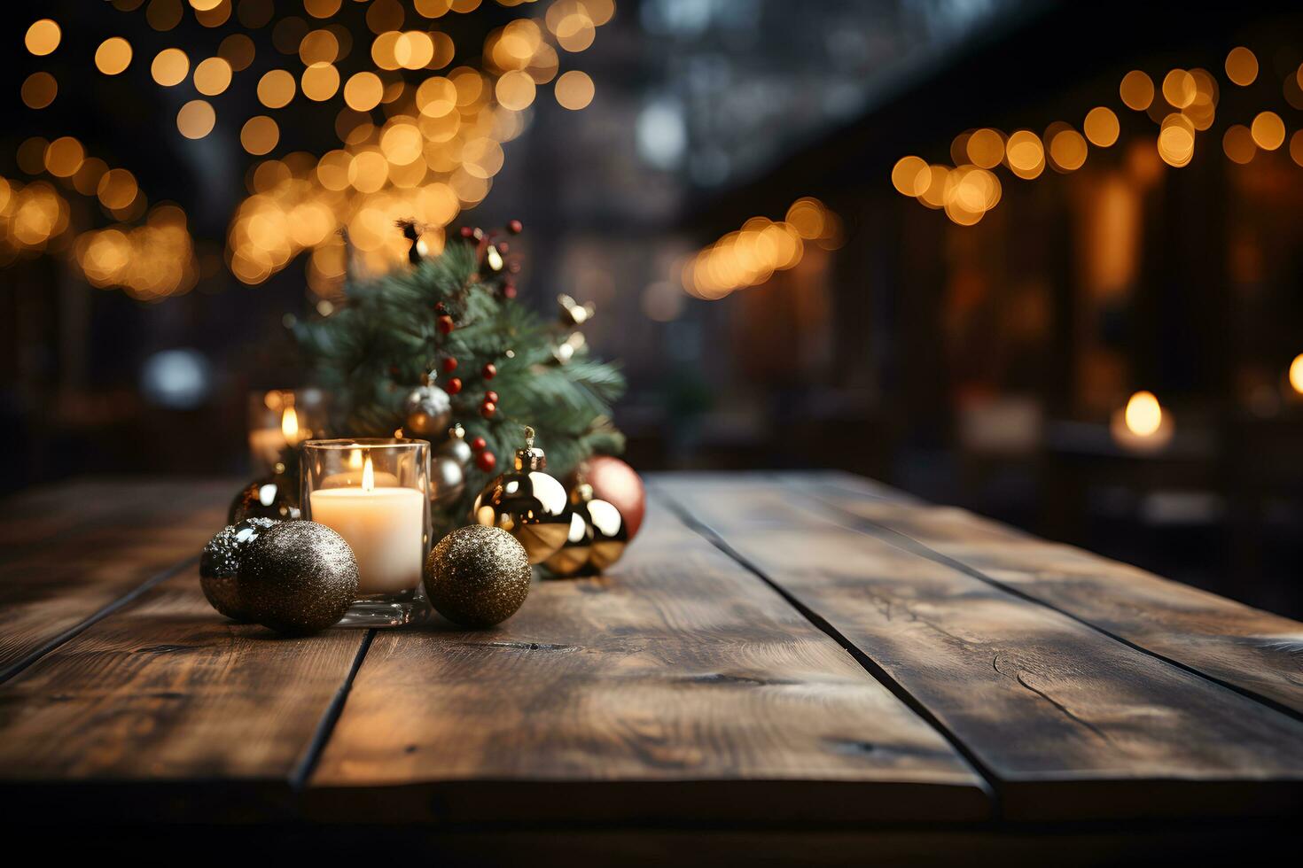 Navidad de madera mesa Bosquejo con árbol de Navidad sucursales, pelotas, velas y luces antecedentes. festivo modelo bandera con creativo chuchería decoración y Copiar espacio. foto