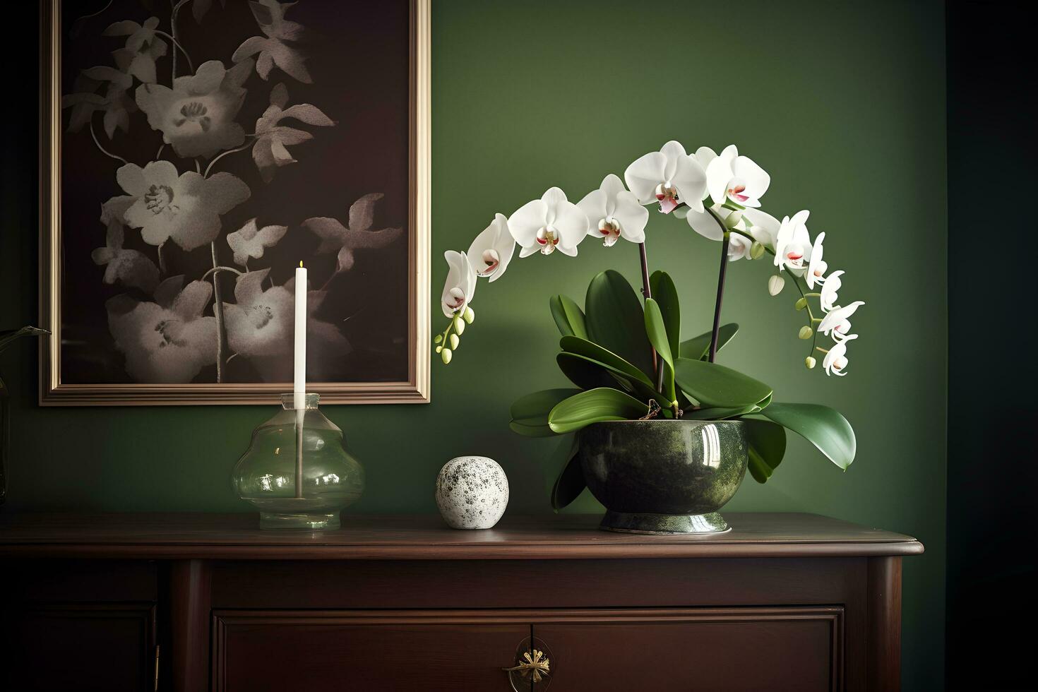 Beautiful tropical white phalaenopsis orchid in a glass pot on a chest of drawers, in an interior with green wall, dark background. Copy space. Ai generated. photo