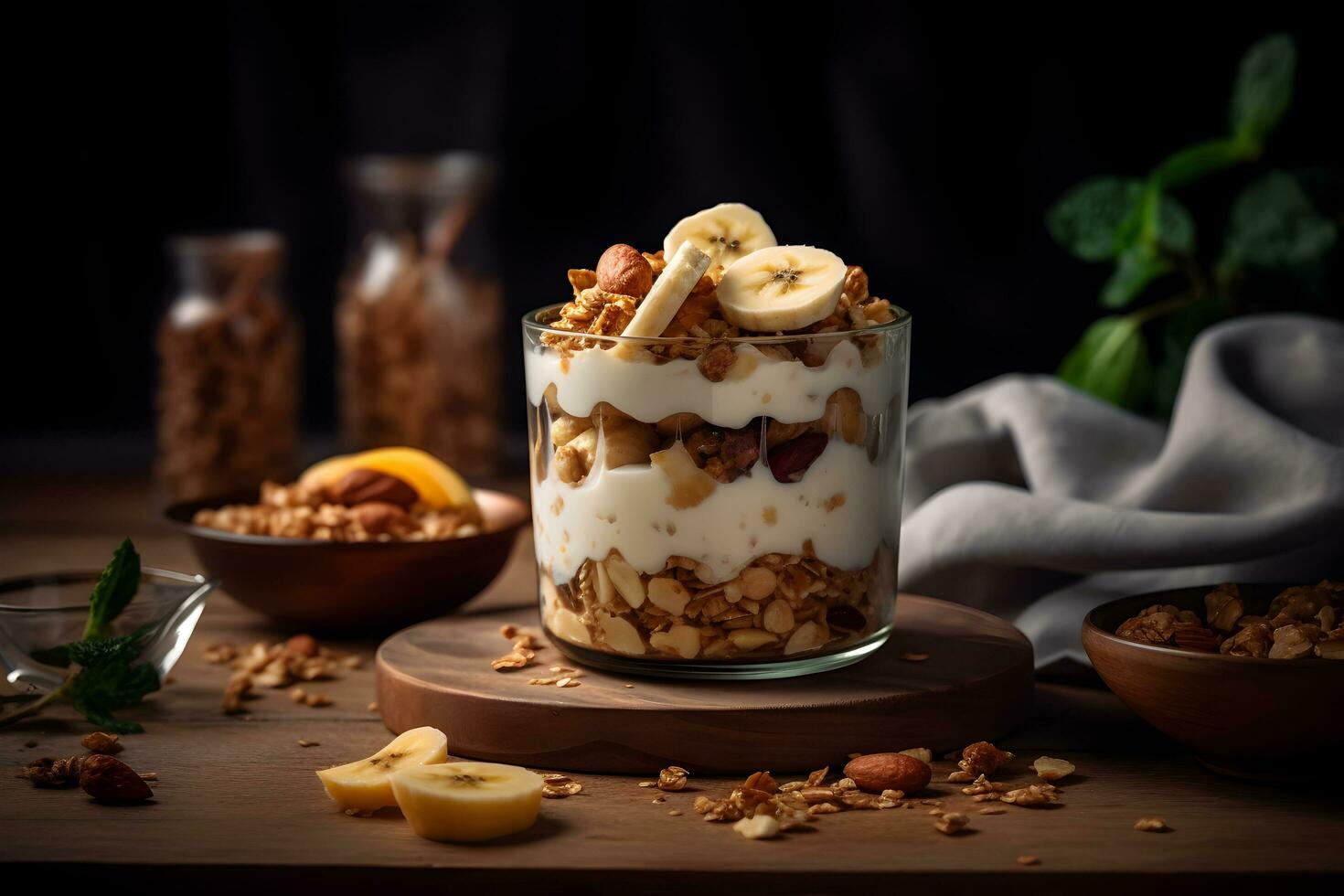 Yogurt granola parfait with sliced nuts and fresh banana fruits in a glass jar on dark background. Generative AI. photo