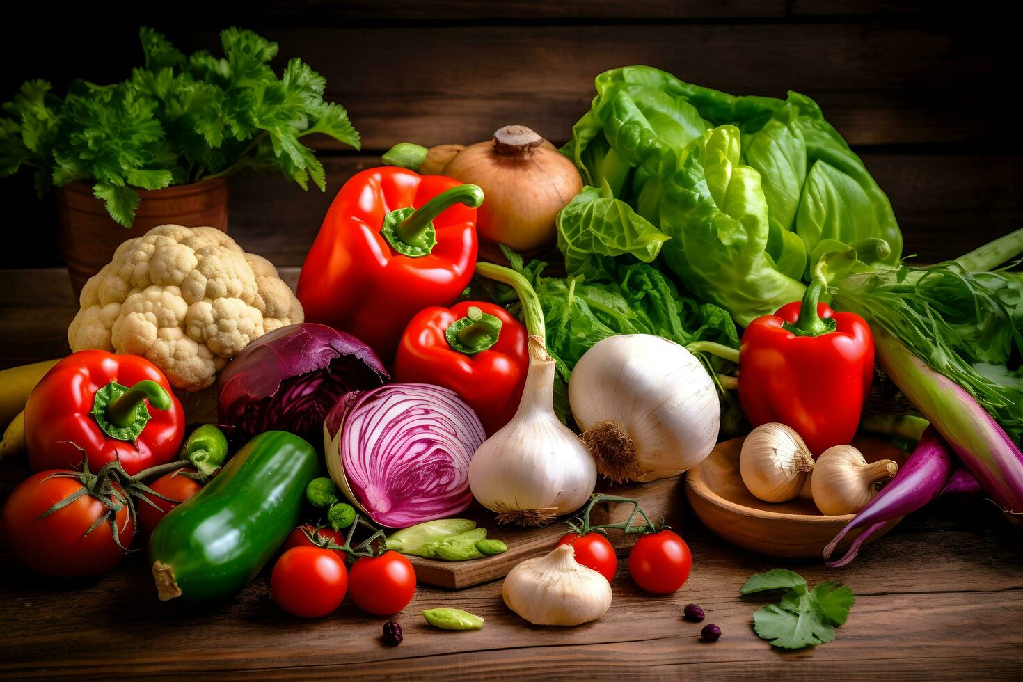 Food background with assortment of fresh organic vegetables on dark wooden background. AI generated. photo