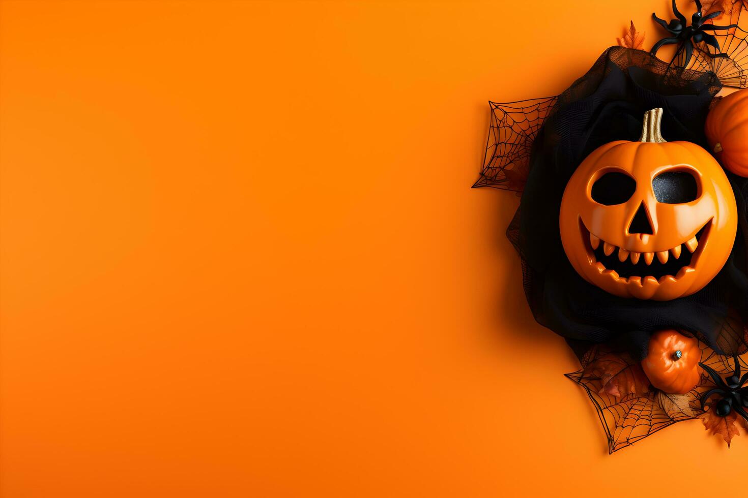 Happy halloween flat lay mockup with pumpkins, spiders and spiderweb on orange background. Autumn holiday concept composition. Top view with copy space. Generated ai. photo