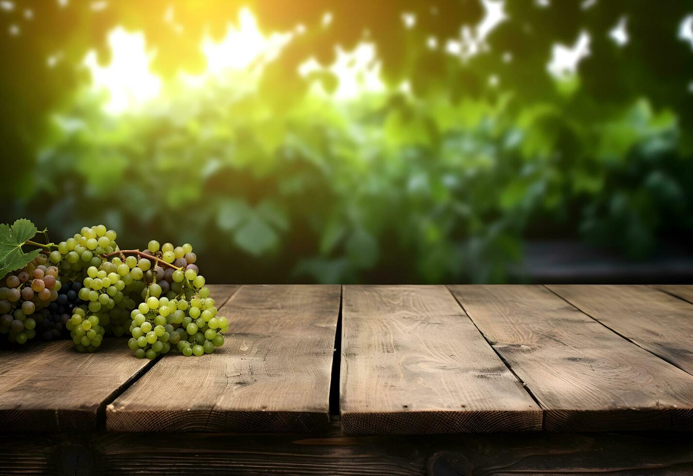 Wooden table with fresh white grapes and free space on nature blurred background, vineyard field. Generated AI. photo